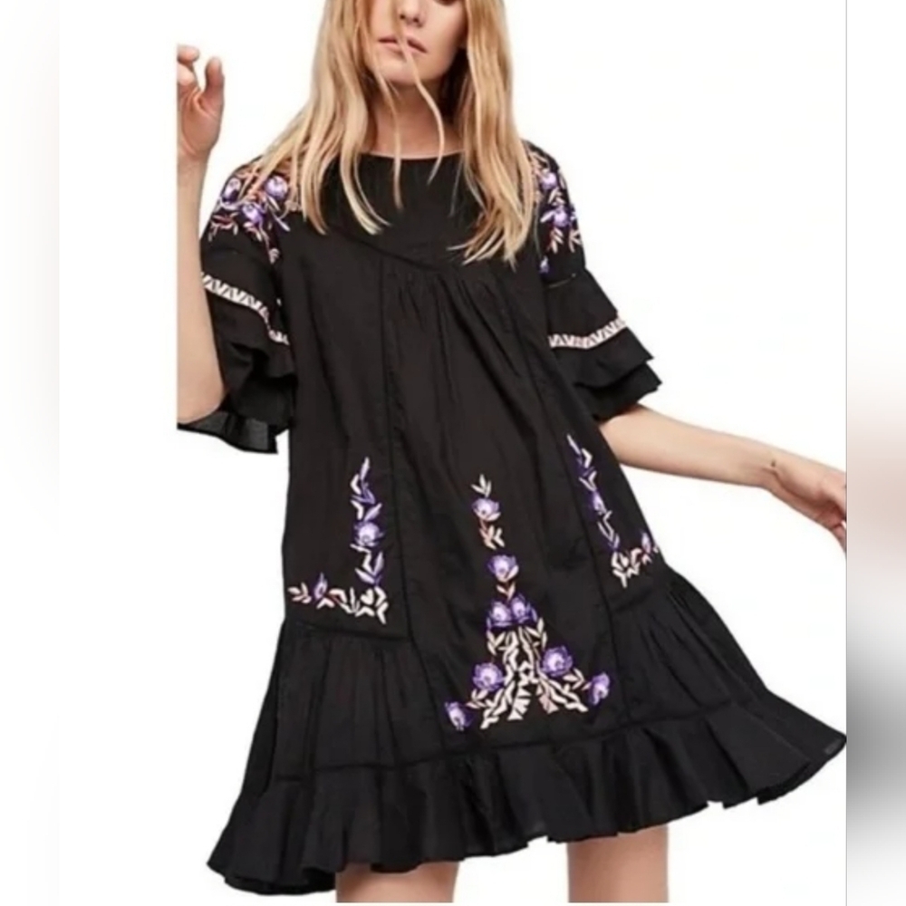 Free People Pavlo Cotton Embroidered Black Flounce Fairycore Dress Sz XS